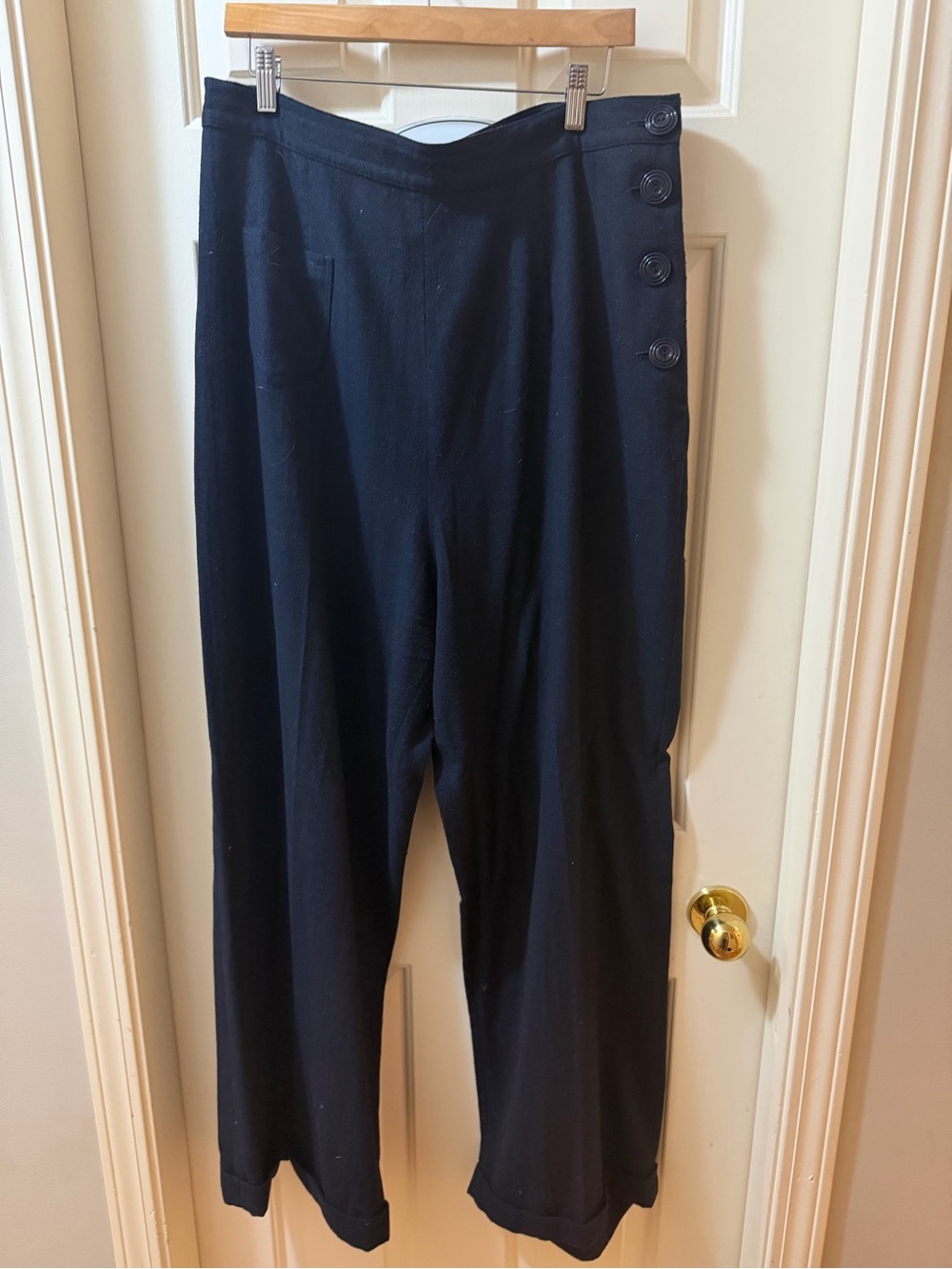 Retro Style High-Waist Black Women's Trousers with Side Button Detail